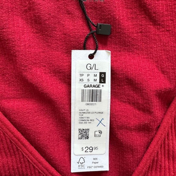 NWT GARAGE Seamless Plunge V Neck Long Sleeve Seamless Cropped Shirt Size Large - Picture 2 of 3